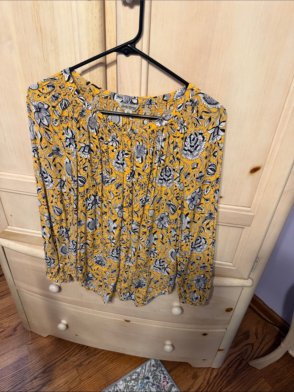Lucky Brand Mustard Yellow Floral Peasant Blouse